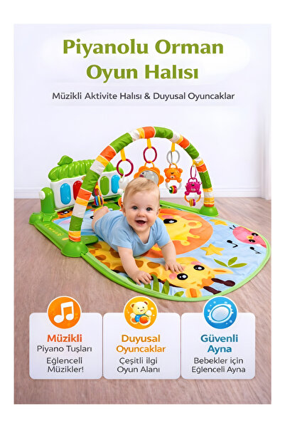 Forest Patterned Baby Play Rug with Piano – 0+ Months, Light and Musical Development Mat with Animal Figure