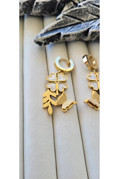 YİĞİTKARANAKSESUAR Steel Gold Color White Claveliched Clover, Silvery Butterf...