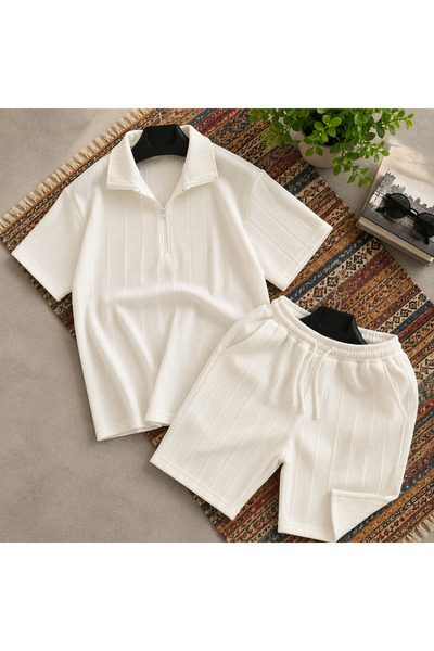 WENMİNG Men's Ottoman Fabric Zipper T-Shirt Shorts Summer Bottom Top Set