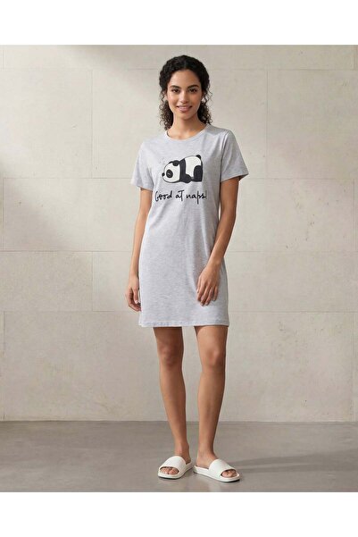REDTAG Ladies Grey Melange Placement Print Short Sleeve Nightshirt