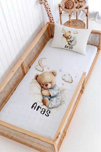 Lilabio %100 Pamuk İsme Özel Montessori Yatak Pike Seti 100x200 Sevimli Ayıcık