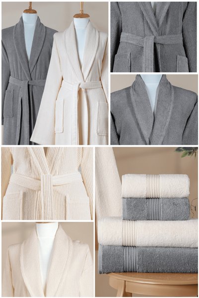Ellaline 6 Piece Striped Bathrobe Set 100% Cotton Certified Family Towel Bathrobe Set Dowry Set Gray - Cream