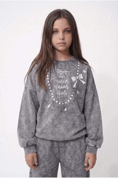 HayKids Kız Çocuk Gri İnci Taşlı Fiyonk Detaylı Oversize Sweatshirt & Bol Paç...