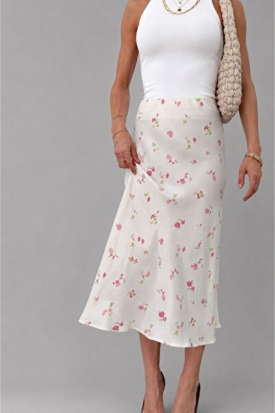 Hisleria Fusta din țesătură din satin de viscoză cu model floral, lungime mid...