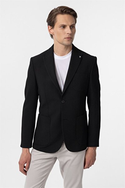 SÜVARİ Siyah Slim Sivri Yaka Torba Cep 6 Drop Klasik Ceket