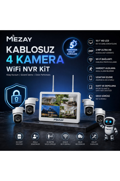 mezay 4’lü Gece Renkli Güvenlik Kamera Seti wifi kablosuz monitör dahil