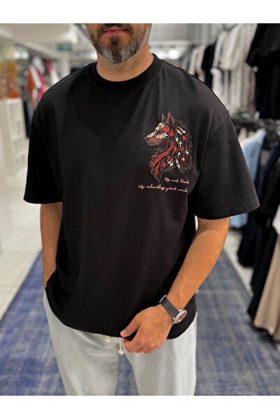 BYBASICMAN Siyah Kurt Nakışlı Oversize T-Shirt SW-5158