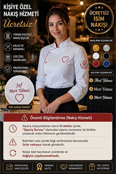 özgün üniforma Kadın Aşçı Ceketi Kalp Nakışlı – Beyaz Şef & Pastane Ceketi-Öz...