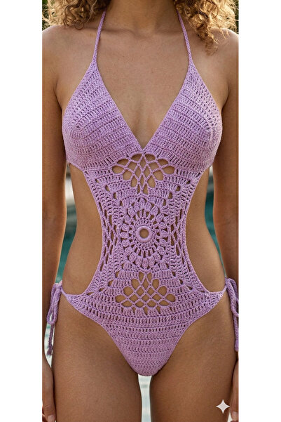 sostyles butik Lila Örgü Mayokini - Orijinal Tasarım Halter Yaka Çiçek Motifl...
