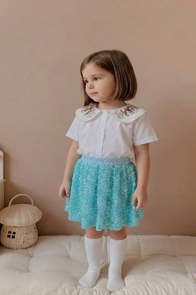 Kidmark Çocuk Modası Girl's Turquoise Sequin Skirt-Embroidered Shirt Set