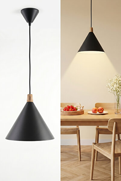 Marrien Cone Bohem Ahşap Siyah Metal Sarkıt (25 cm) Yemek Masası Üstü Avize M...