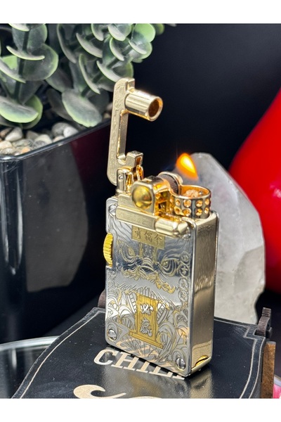 NikaŞ 708 model Kurmalı Mekanik Çakmak - Çin Ejderhası Kabartmalı Gold/Gümüş
