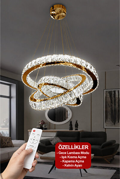 RSCOLLECTIONS 3 Katlı Kristal Taşlı Modern Led Avize