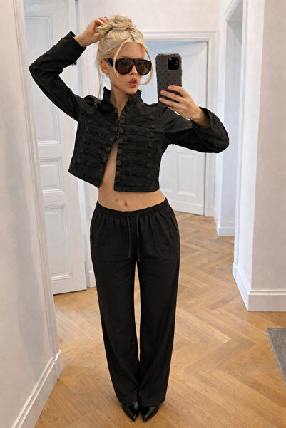 DAMGA JEANS Ženske trendi široke crne lanene pantalone niskog struka