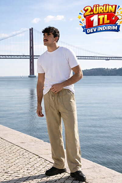 DAMGA JEANS Pantaloni de in bej pentru bărbați, cu talie elastică, stil jogger