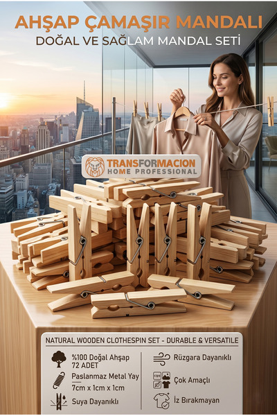 Transformacion Μεγάλη συσκευασία 72 τεμαχίων από φυσικά ξύλινα μανταλάκια ρού...