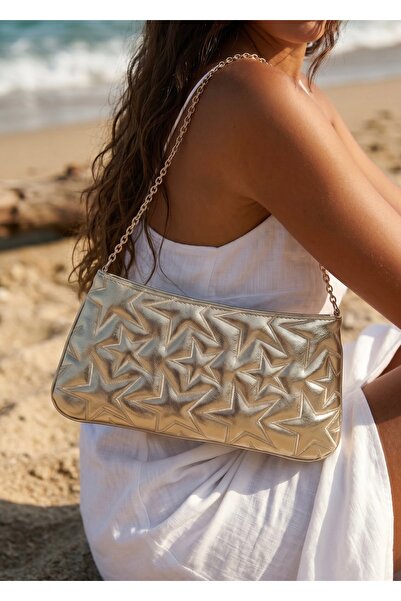 Goldies Bag Women's Gold Star Embroidered Chain Strap Hand and Shoulder Bag S...