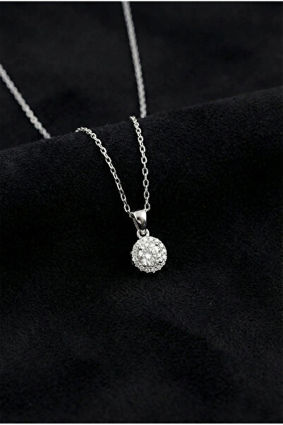 Roza Silver 925 Ayar Zirkon Taşlı Rodyum Minimal Yuvarlak Anturaj Gümüş Kolye