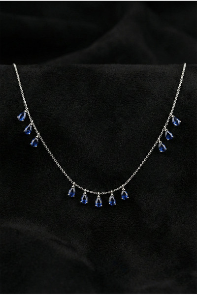 Roza Silver 925 Ayar Safir Taşlı Rodyum Üç Sıra Shakira Damla Gümüş Kolye