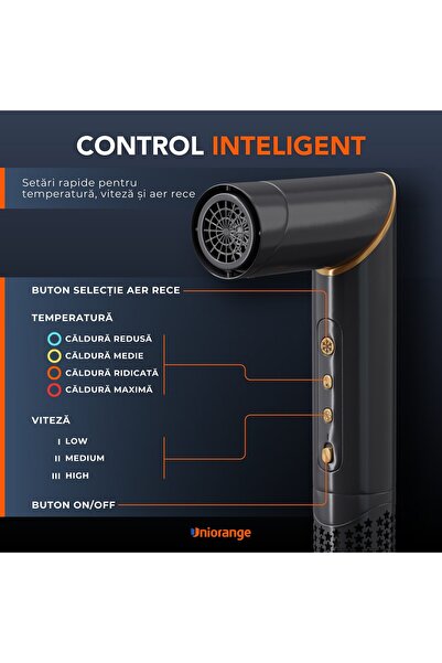 Uniorange Uscator de Par Profesional Multifunctional 8 in 1, Uniorange® , Perie Aer Cald, Indreptat & Ondulare, Ioni Negativi, 1400W, Gri