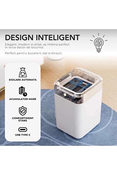 Purpley Cos de Gunoi Inteligent 17L, Senzor Miscare Infrarosu, Capac Anti-Miros, Schimbare Sac Automata, USB-C, Alb
