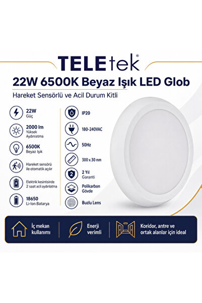 Teletek 22W 6500K Beyaz Işık LED Glob Hareket Sensörlü ve Acil Durum Kitli Be...