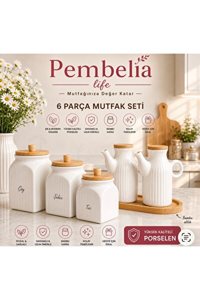Kitchen Pembelia 6 Parça Ahşap Standlı 2'li Çizgili Porselen Yağdanlık Ve 3'l...