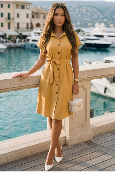 armonika Kadın Sarı Beli Kemerli Kısa Kol Gömlek Elbise ARM-25Y001065