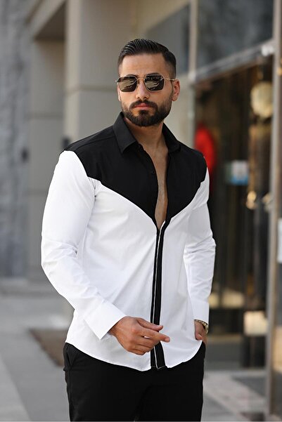 BAYIM Beyaz Siyah V Blok Renk Geçişli Slim Fit Uzun Kollu Likralı Erkek Gömlek