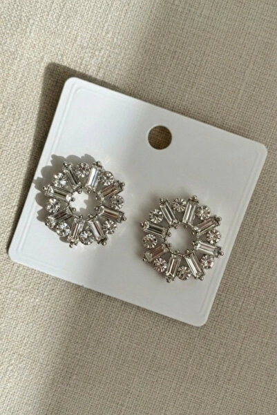 Crc Bijuteri Silver Color Jewelled Hoop Earrings