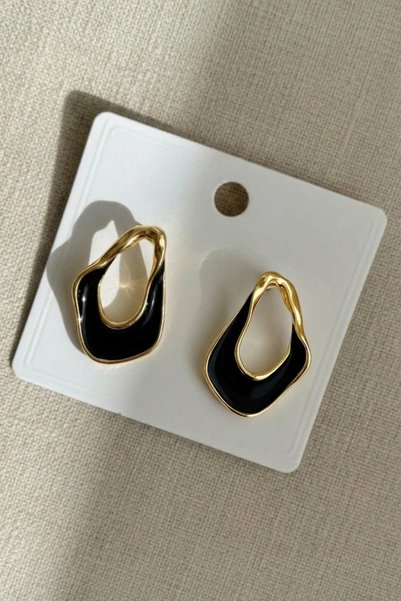 Crc Bijuteri Asymmetrical Black Enameled Gold Color Women's Earrings