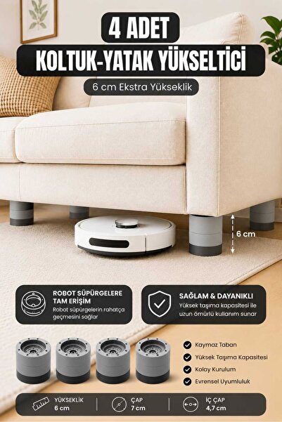 TİNEKE Robot Süpürge Mobilya Ve Dolap Yükseltici Ayak Kaydırmaz Ve 6 Cm Yükse...