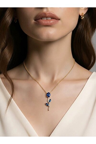 Basera Aksesuar Gold Rose Sapphire Kolye - Mavi Taşlı Gül Tasarımı