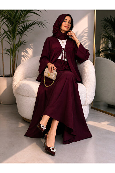 Myawomenswear Mya Womenswear Bordo Bağcıklı Üst ve Maksi Etek İkili Takım
