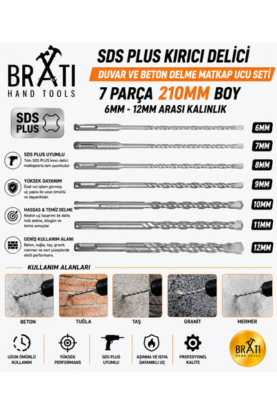BRATİ HAND TOOLS Sds Plus Kırıcı Delici Hilti Duvar ve Beton Delme Matkap Ucu...