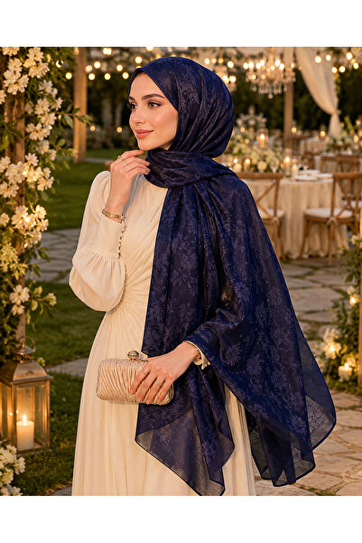 YS COLLECTION Lacivert Çiçek Desenli Jakar Tesettür Şal