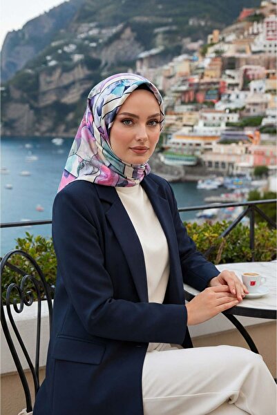 Vissona %100 Twill İpek Bahar Çiçekleri Desenli Lila - Su Yeşili Renkli 90x90...