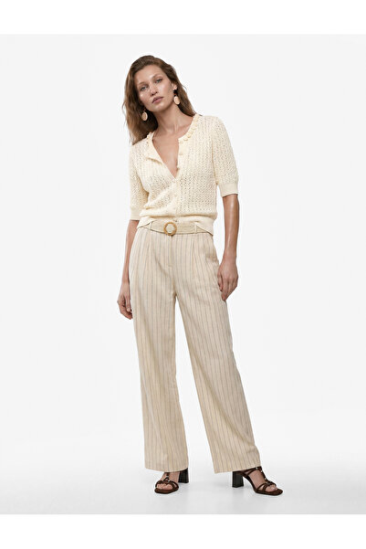 Koton X Melis Ağazat - Linen Blend Wide Leg Striped Trousers with Belt