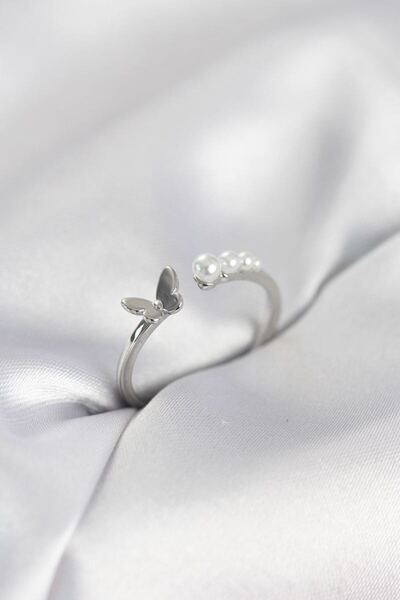 Toptan Bulurum Pearl Butterfly Model Silver Color Brass Women's Ring