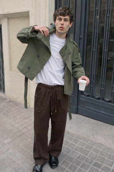 DAMGA JEANS بنطلون كتان رجالي فضفاض منخفض الخصر باللون البني الداكن