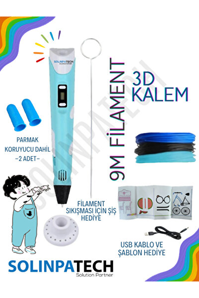 SolinpaTech Mavi 3d Kalem 3d Pen 3 Boyutlu Yazıcı Kalem 3 Renk 9 Metre Filame...