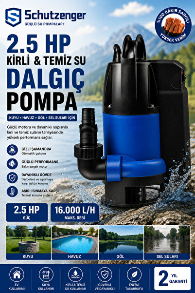 SCHUTZENGER German Bakır Sargı 2 Hp Gizli Şamandıralı 1.5 Kw Kirli Temiz Yüzm...