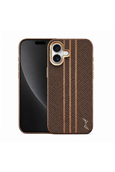 Zebana Apple iPhone 16 Uyumlu Kılıf Goldrix Karbon Fiber M-Safe Kılıf Kahverengi