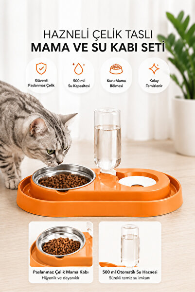 Miapet Çelik Taslı Lüx Hazneli Kedi-köpek Mama Ve Su Kabı Seti 500ml Turuncu