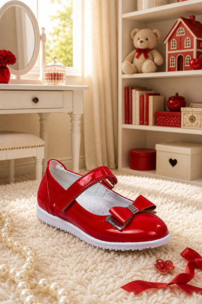 morbella Girl's Red Bow Detailed Red Ballerina Shoes Size 31 Special Occasion...