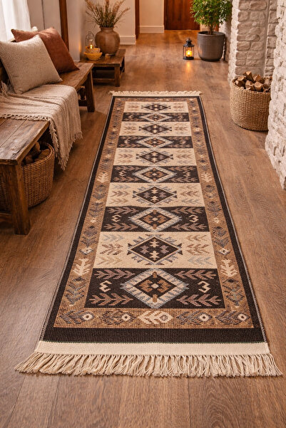 OEM Covor tradițional, dimensiune 60 x 200 cm, maro și crem, model rustic