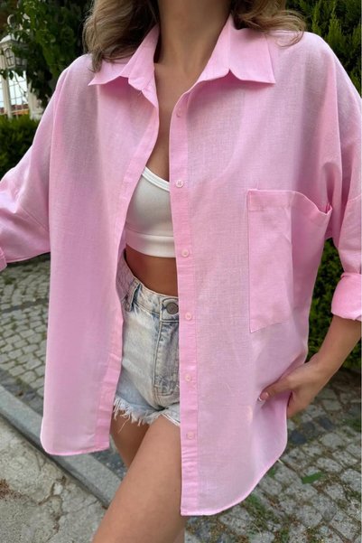 Rouge basıc Oversize Keten Dokulu %100 Pamuk Salaş Gömlek