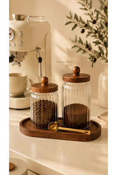 Mottogo Coffee Corner Set of 2 Acacia Lid Glass Jars 700 Ml–950 ml Organizer ...