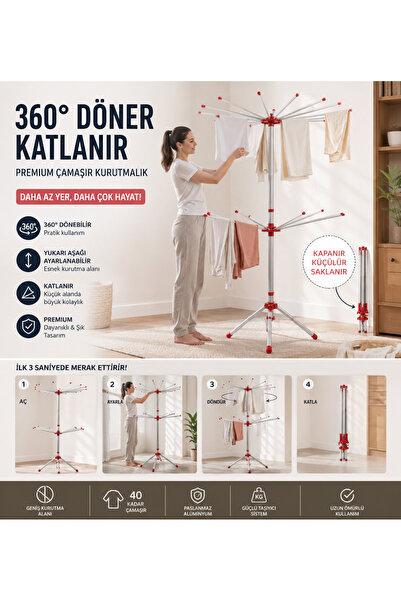 KURUTMAX 360 Twin İki Katlı Çamaşırlık,Dönerli şemsiye Şeklinde Çamaşır Kurut...