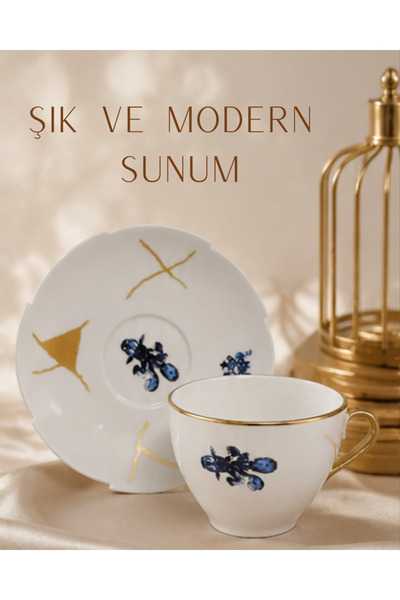 Moon Dizayn 12 Parça 6 Kişilik El Yapımı Özel Üretim Porselen Çay Kahve Finca...